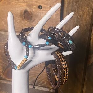 Faux Leather Brown and Turquoise Beaded Bracelet Set of 6